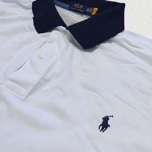 Polo Ralph Lauren Men's Size 3XB White Navy Blue Collar Short Sleeve Polo Shirt